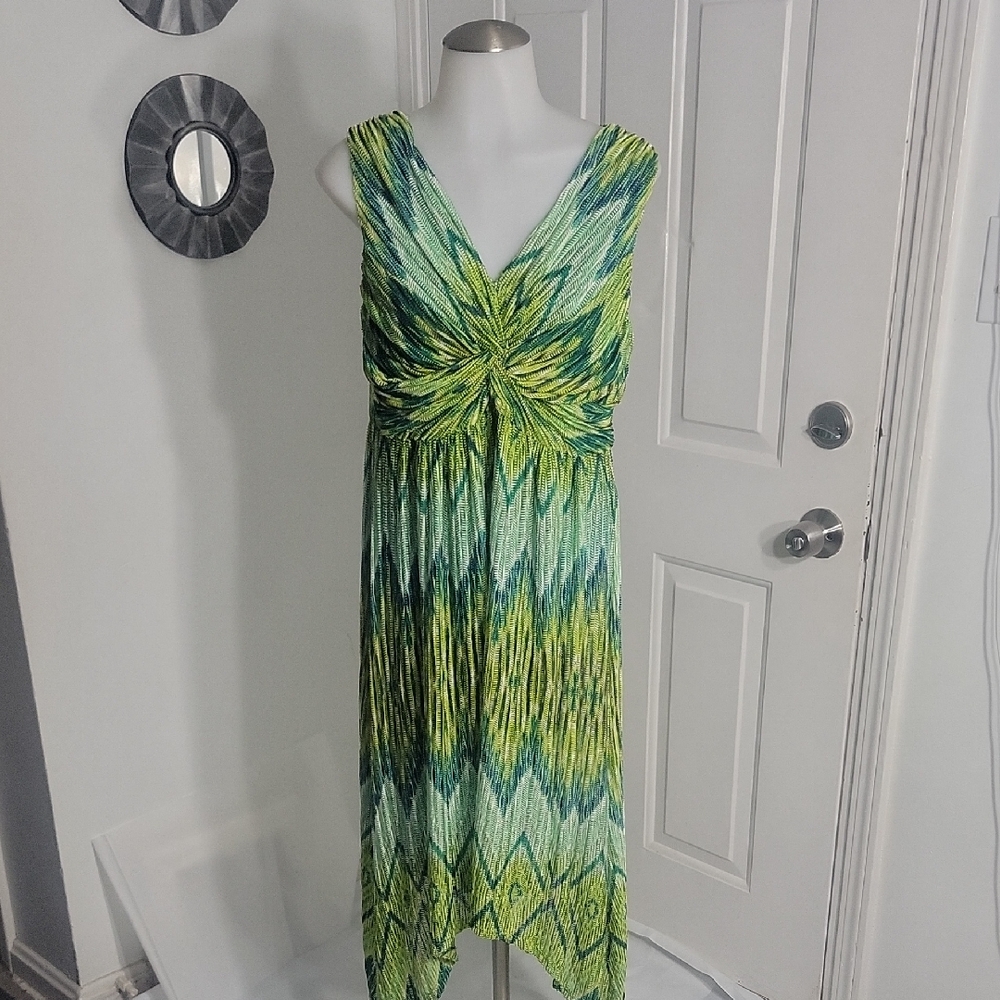Chicos Ikat Midi  Green and Blue Asymmetrial Hemline  Patterned  Dress Size 1
